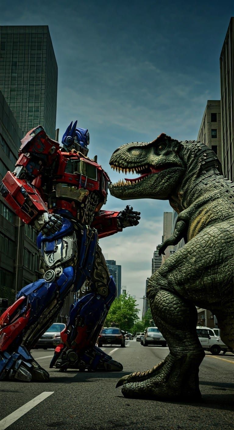 Optimus Prime Battles T-Rex in Cityscape Photo
