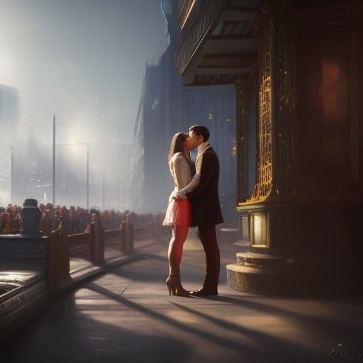 Girls Kissing with Engagement Ring in Expressionist Style