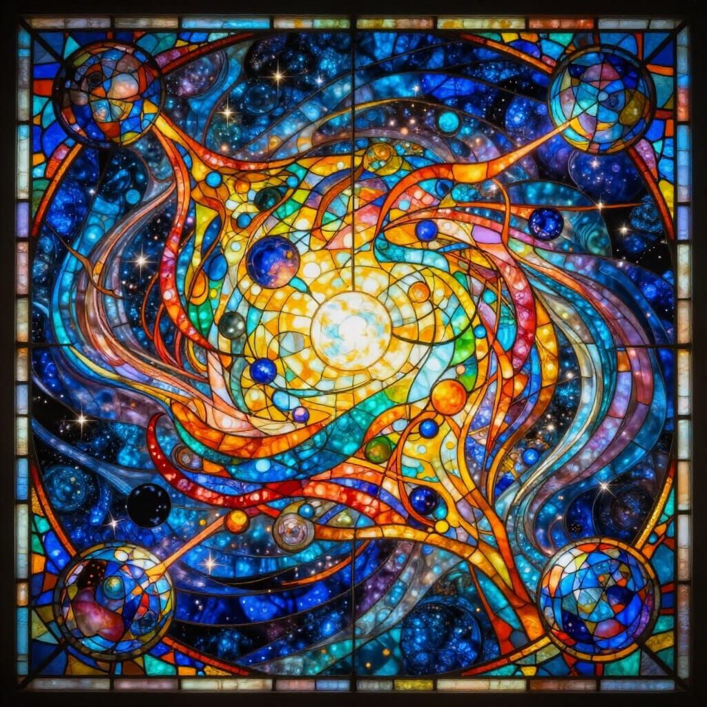 Cosmic Entity Crafts World in Stained Glass Style