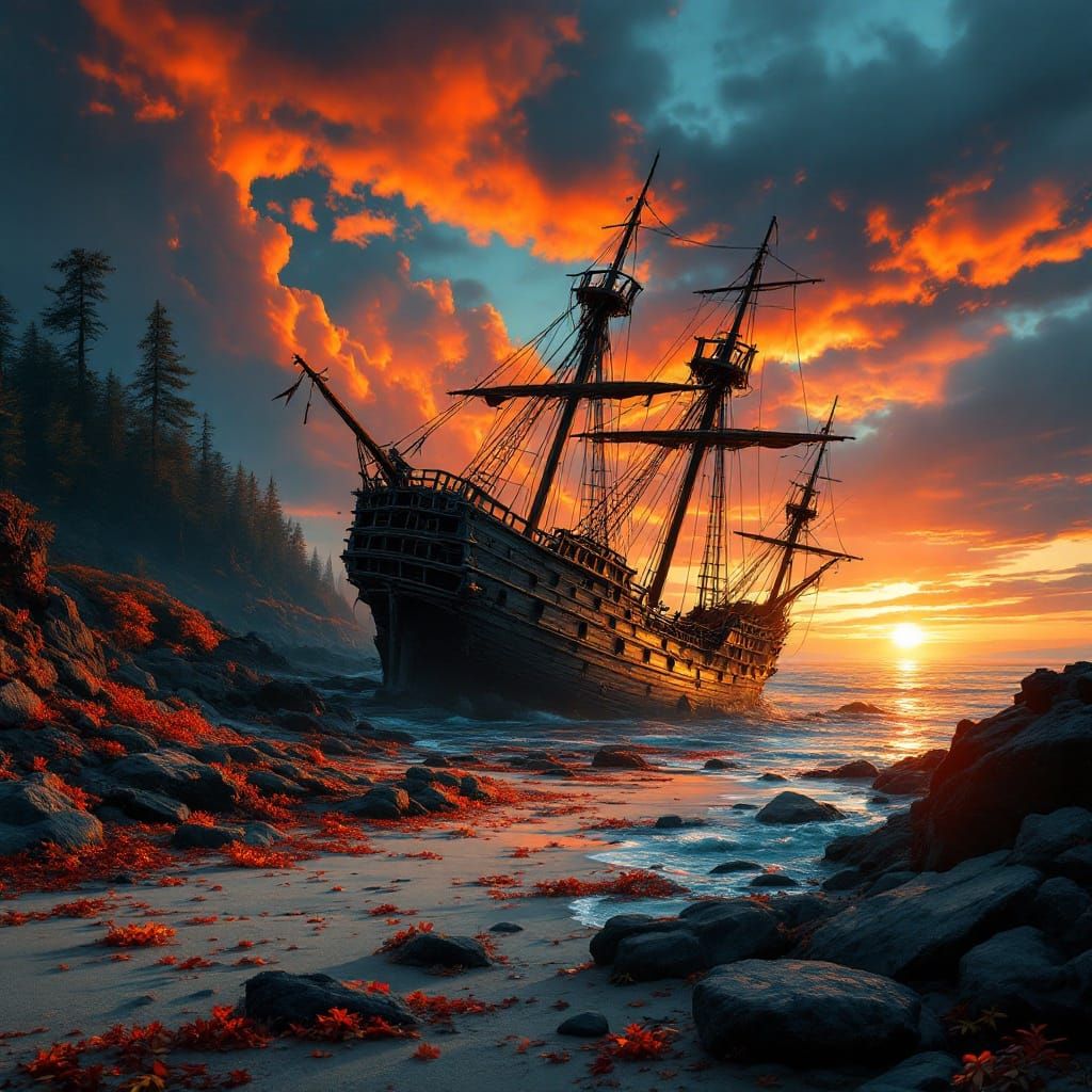 Ancient Sailing Ship on Autumn Beach in Disney Pixar Style