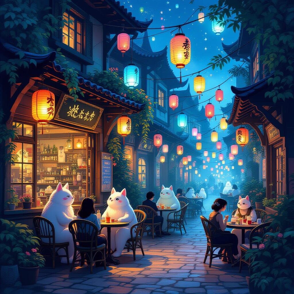 Magical Cafe with Ethereal Creatures and Glowing Lanterns