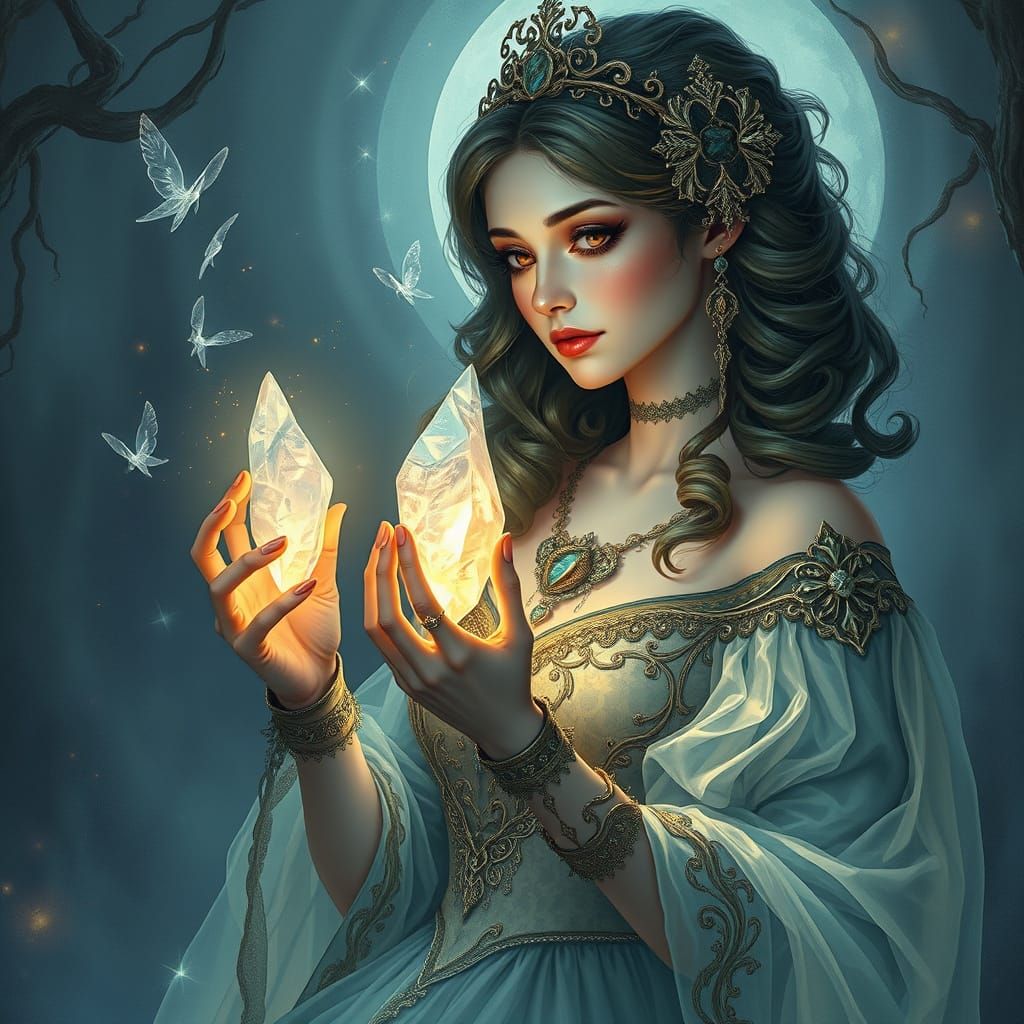 Woman with Glowing Crystal Shard, Dreamlike Art