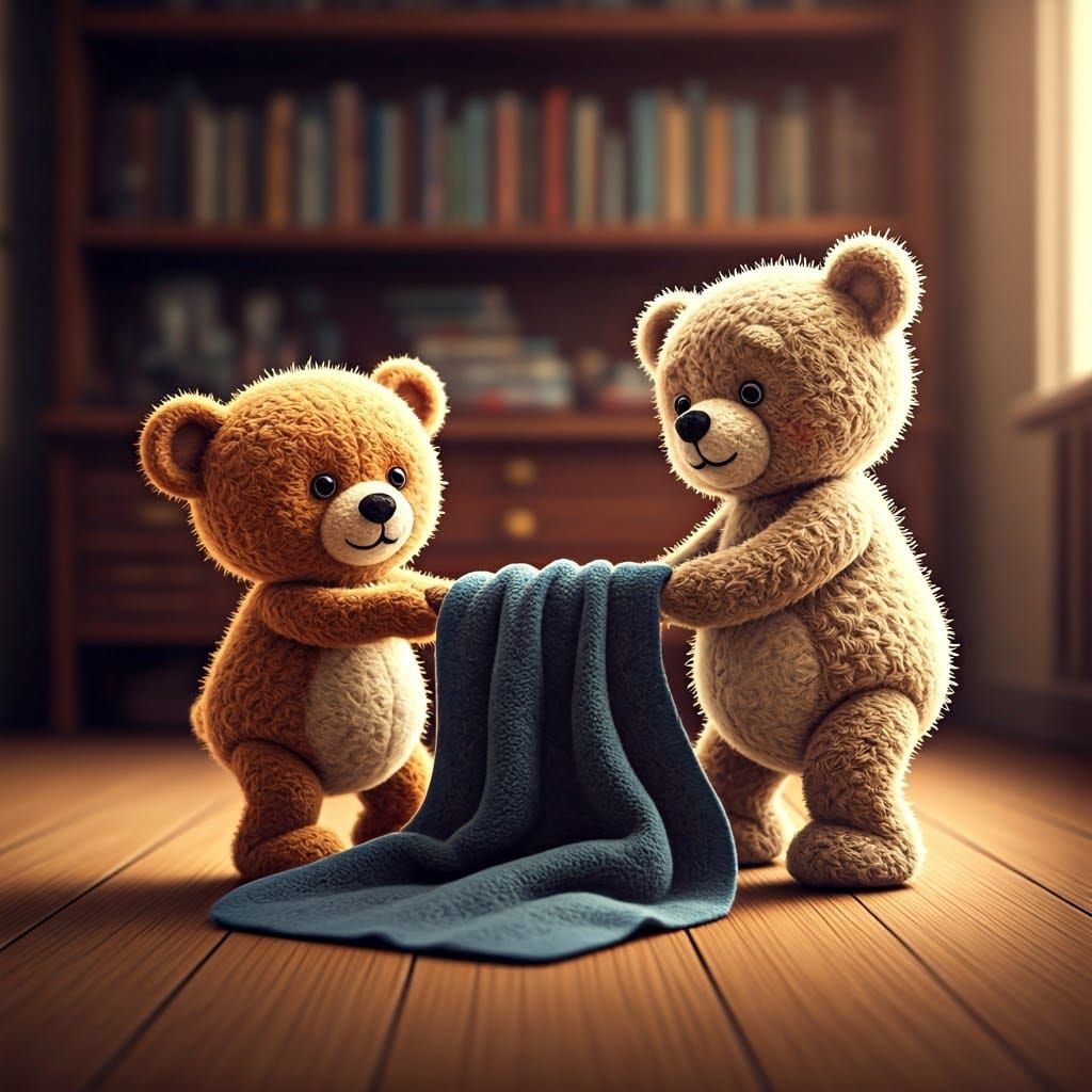 Teddy Bears Play Tug of War, Felted Wool Art