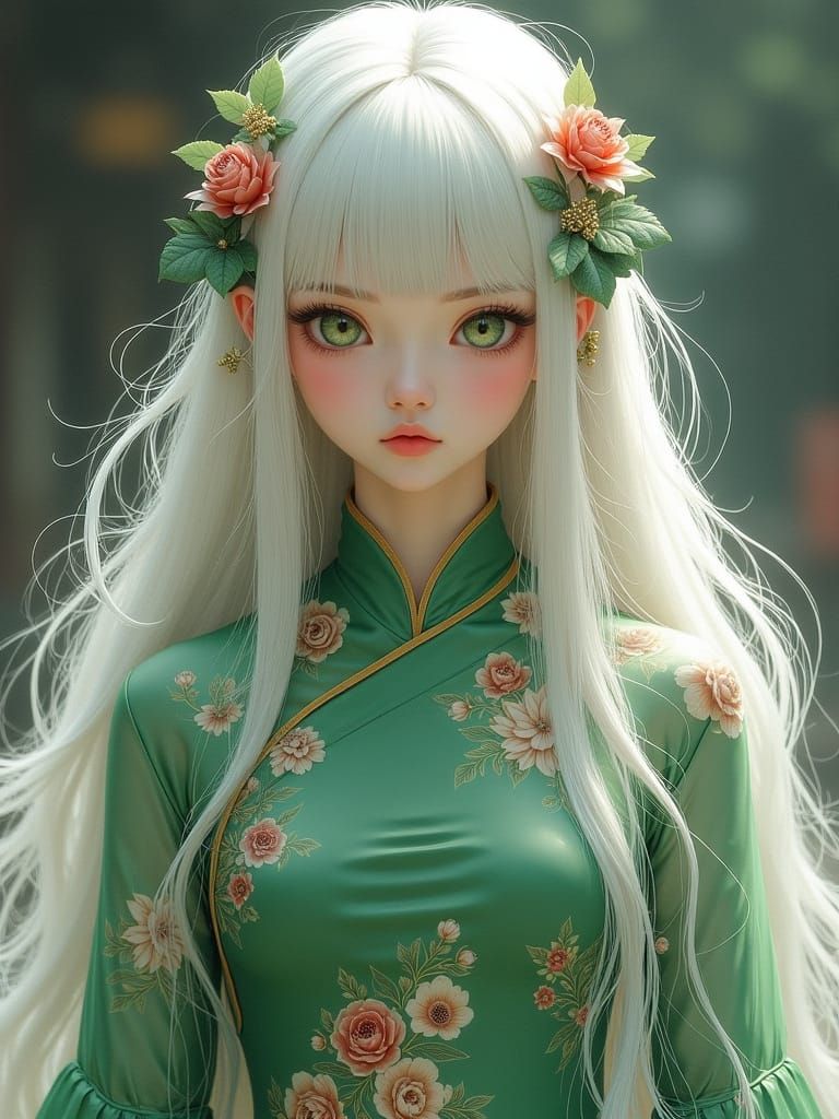 Powerful Woman in Green Chinese Dress with White Hair