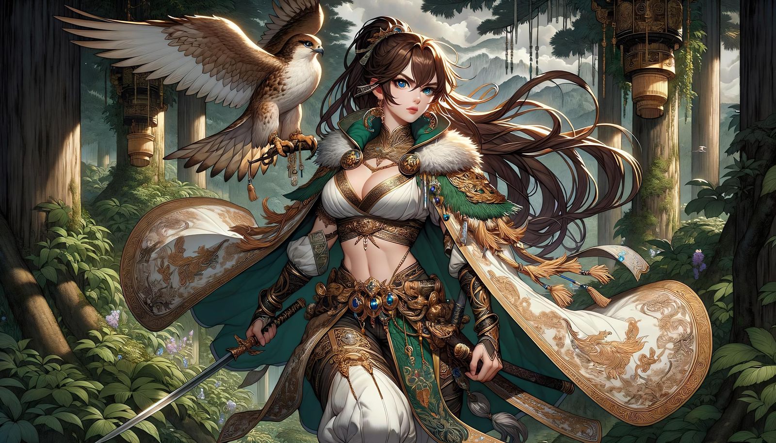 Falconer Warrior in Ukiyo-e Style Forest