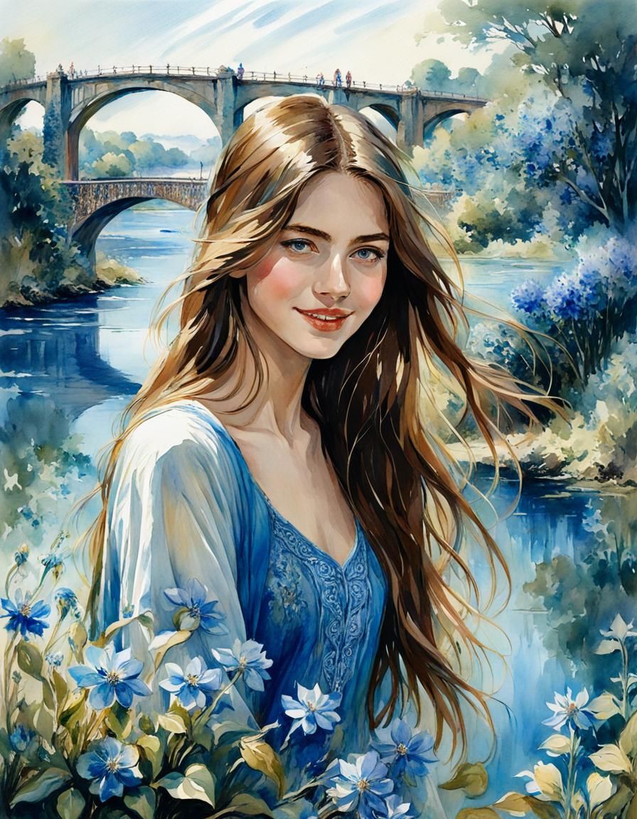 Beautiful Woman Among Blue Flowers in Watercolor Style