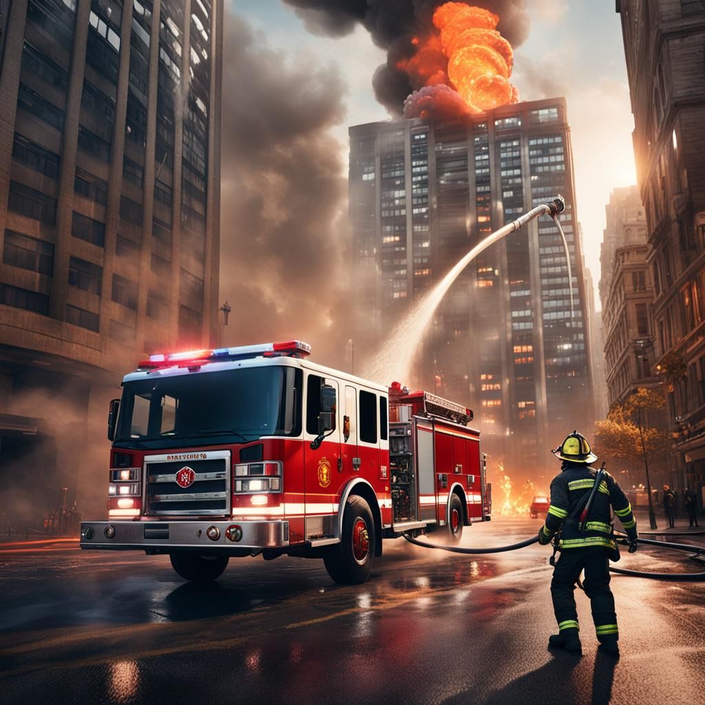 Firefighter in Action: Detailed Matte Painting