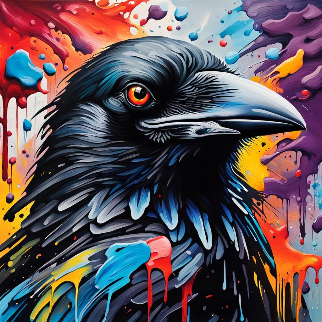 Vibrant Crow Head in Polychromatic Street Art