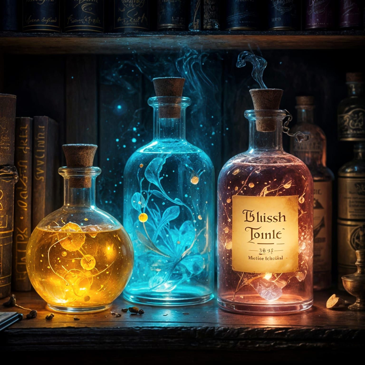 Magical Potion Bottles on Bookshelf, Ethereal Warm Atmospher...