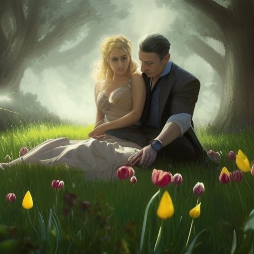 Fantasy Art: Woman with Tulips Resting on Man's Lap