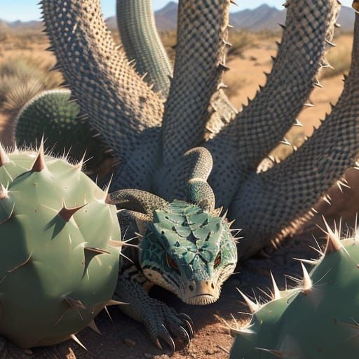 Sfumato and gouache rattlesnake cooling itself beneath a spiky furry cholla cactus in the Sonoran Desert. Hyperrealistic...