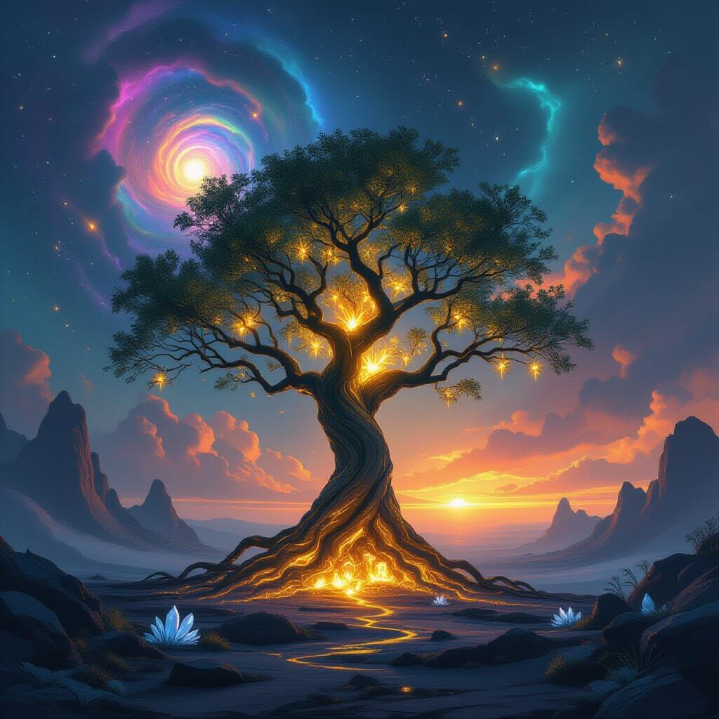 Ancient Tree on Alien Planet Under Nebula Sky