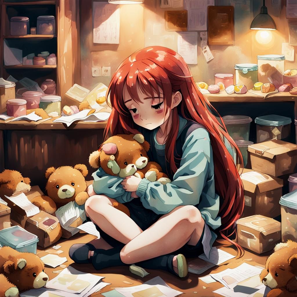 Melancholy Anime Girl in Watercolor Style