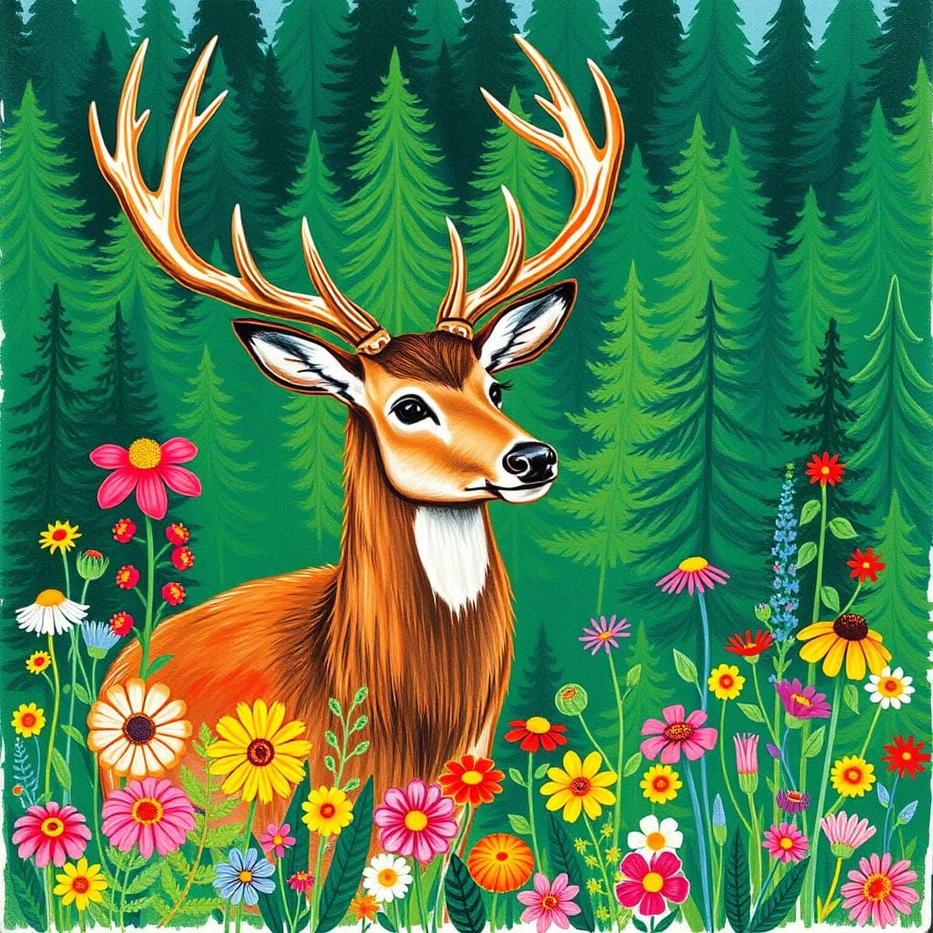 Wax crayon  stag in springtime lush greens