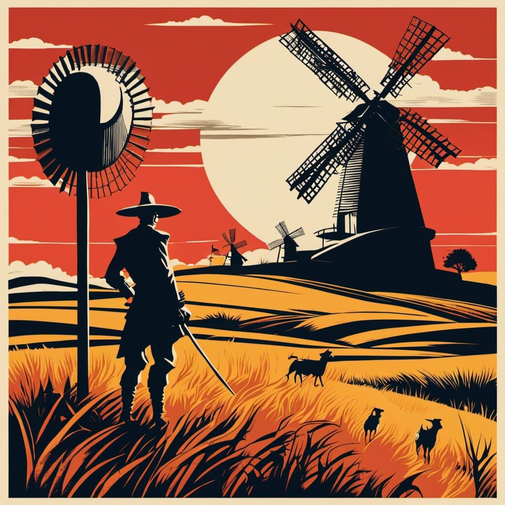Don Quixote and Windmill in Vibrant Minimalist Style