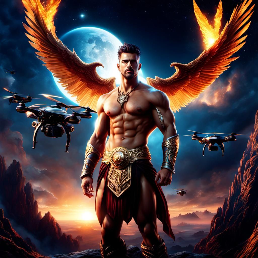 Handsome God of Drones in Detailed Matte Painting