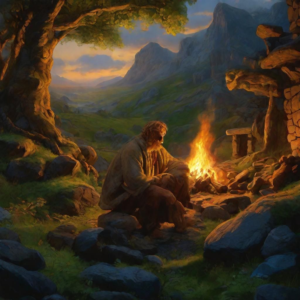 Stone Age Human by Fire in Romantic Style