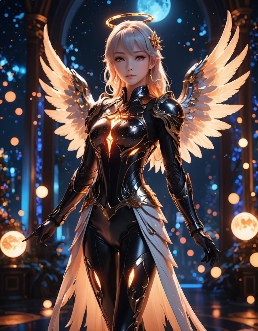 Angel in Lava Suit with Moon Bokeh: 3D Anime Art