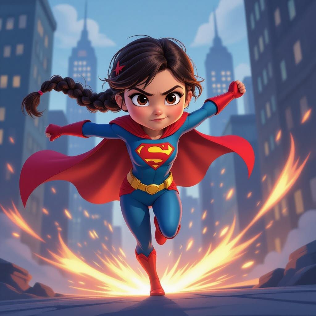 Animated Superhero Girl Leaping Over Cityscape