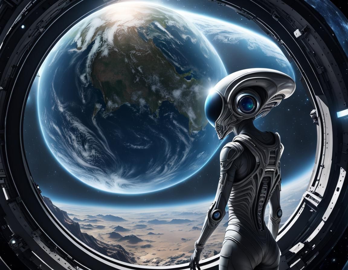 Alien Space Girl Gazing at Earth