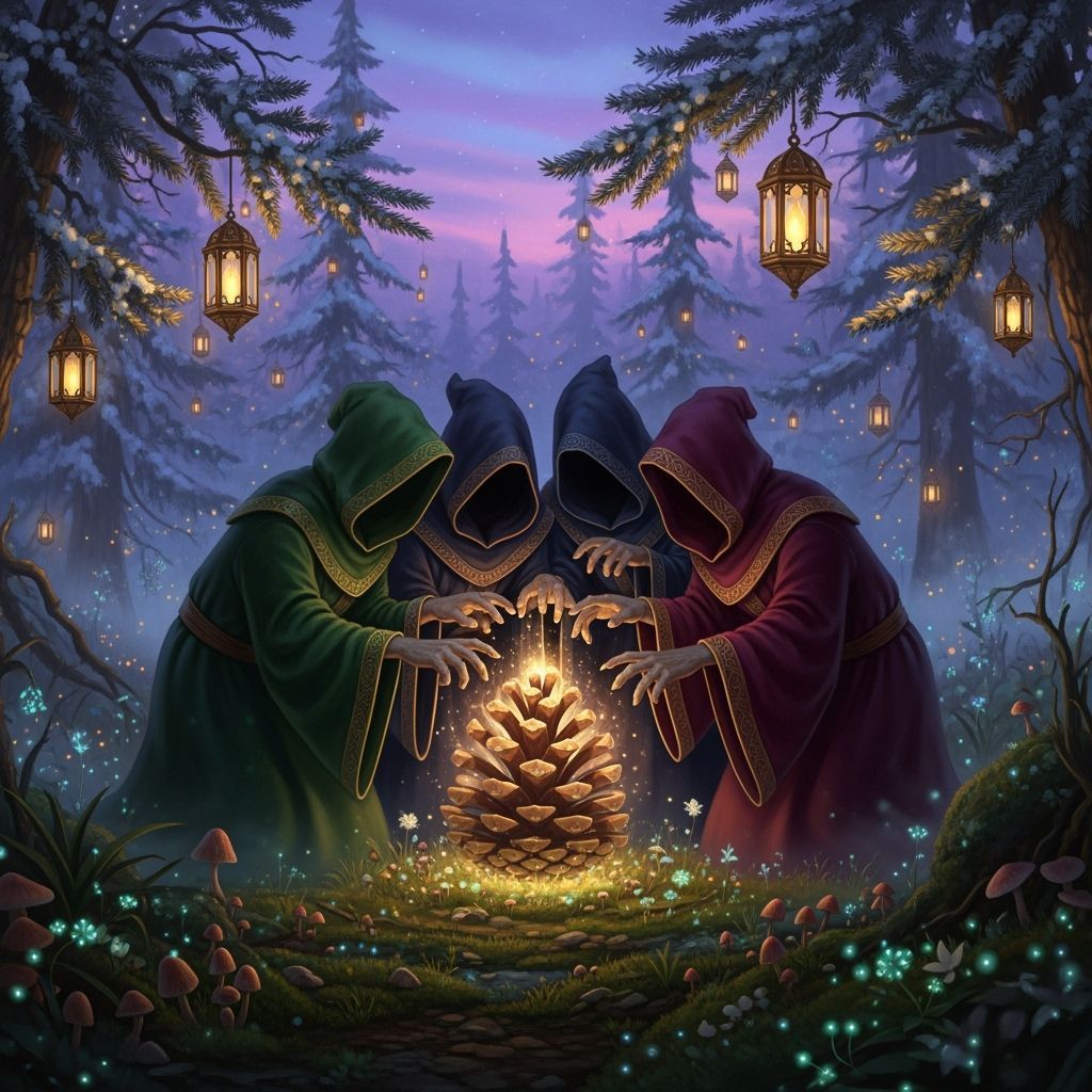 Mystic Figures and Glowing Pine Cone in Twilight Forest