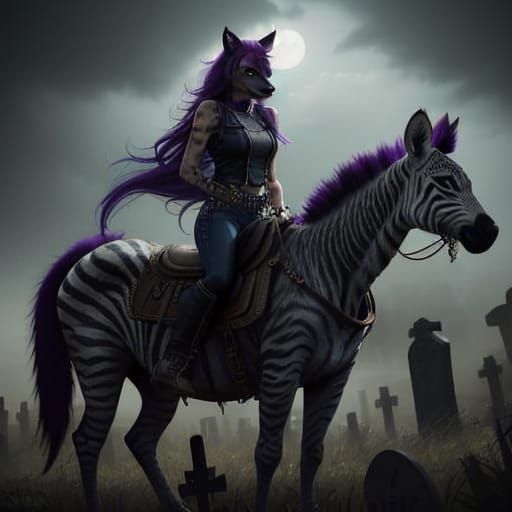 Feminine She-Hyena Rides Through a Haunting Graveyard