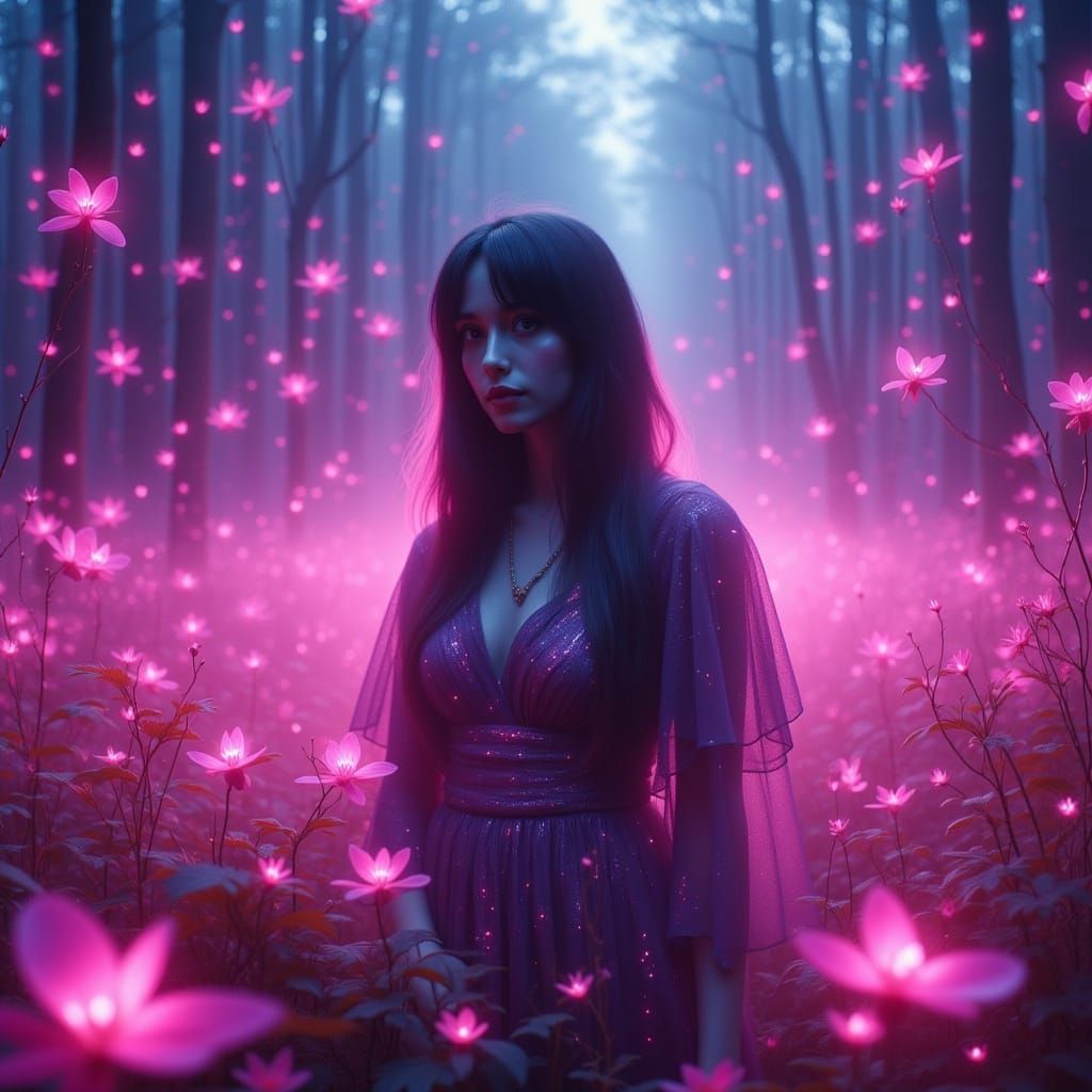 Woman in Pink Mist with Bioluminescent Flowers