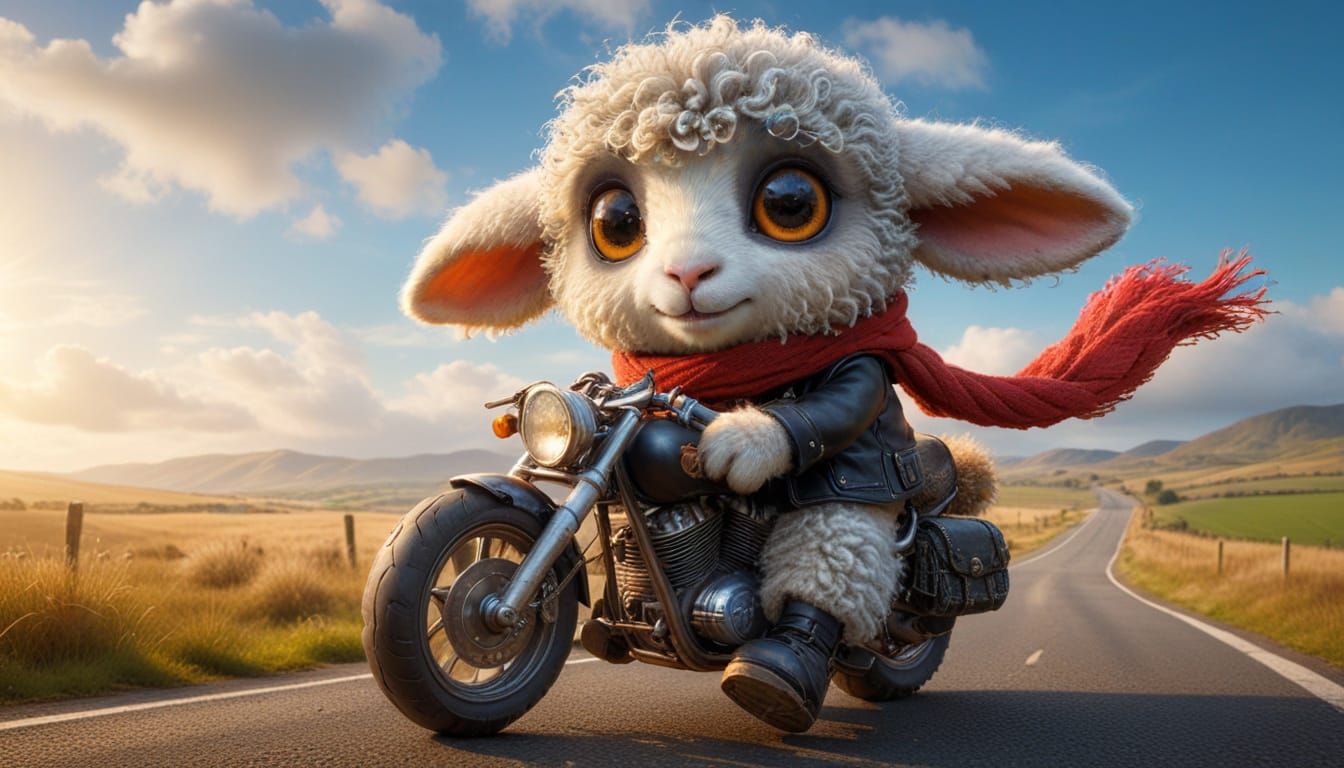 Cute Sheep Biker on Country Road in Matte Painting Style