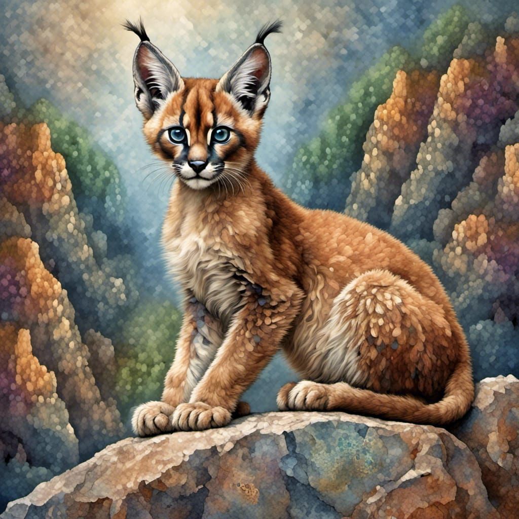 Caracal Kitten Portrait on Rock with Splash Background