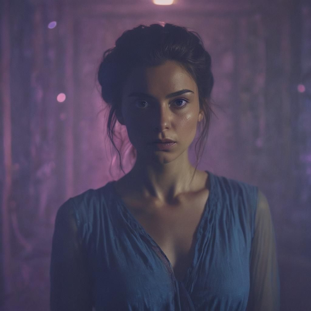 Mystical Woman in Dim Chamber: Cinematic Still