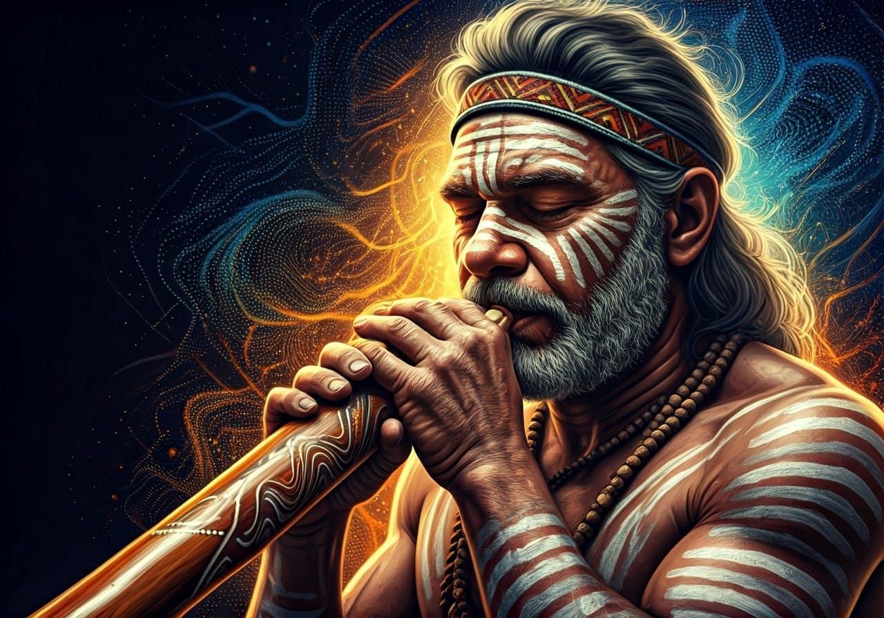 Australian Aboriginal art dot painting depicting a man playi...