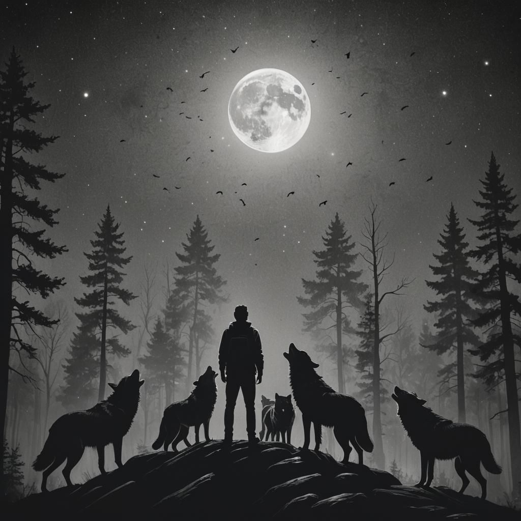 Monochrome Silhouette: Man and Wolves Under Moonlight