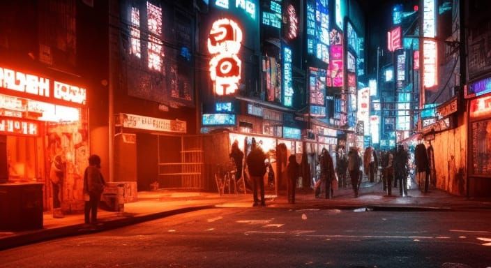 Cyberpunk City Street with Ripper Shop in Neon Noir