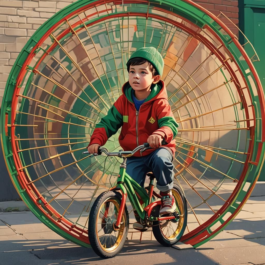 Boy on Bike with Green Rims in Pop Art Style