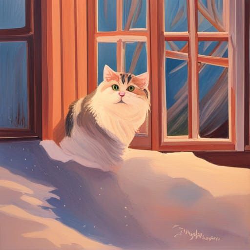 Cat Gazing Through Snowy Window: Gouache Painting