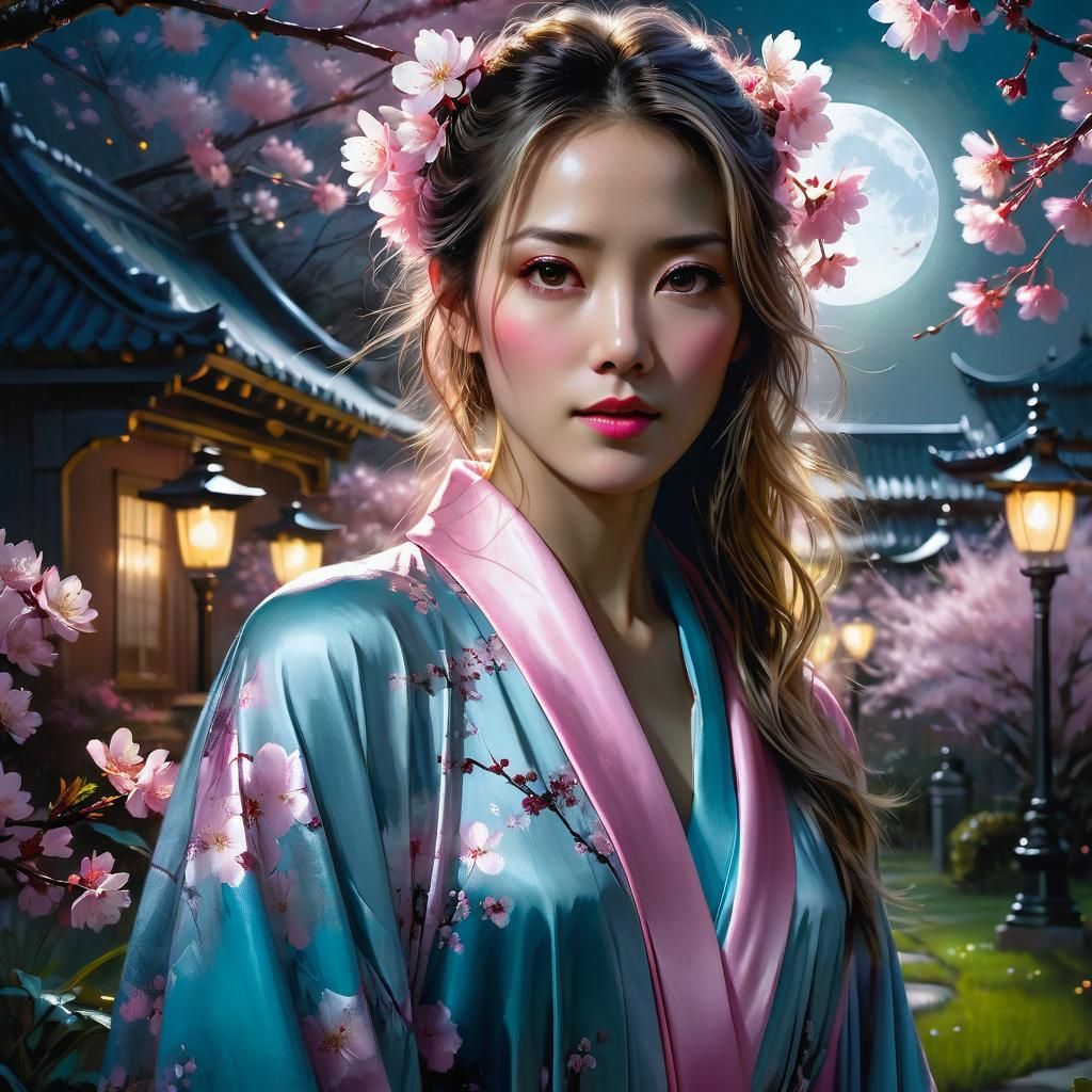 Woman in Pink Robe Under Moonlight: Matte Painting