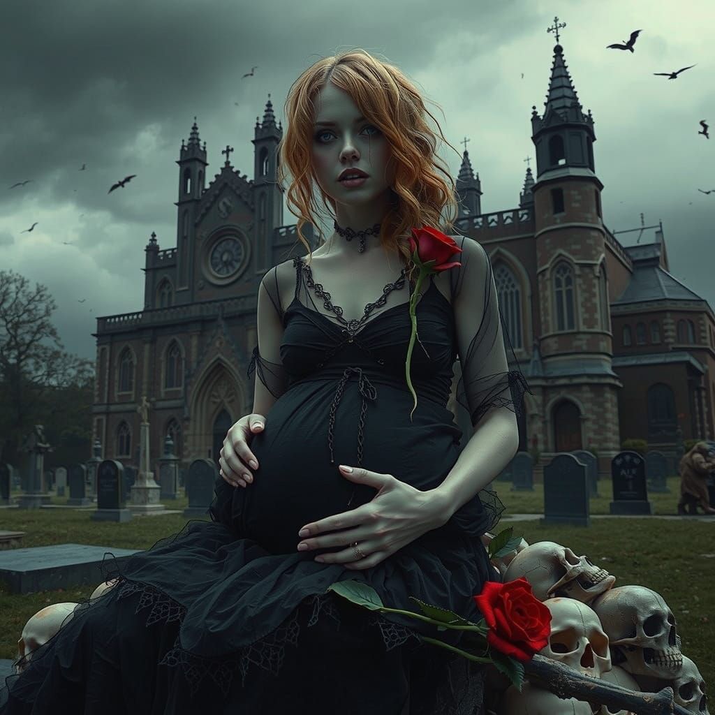 Gothic Pregnant Woman Adorned in Dark Cathedral