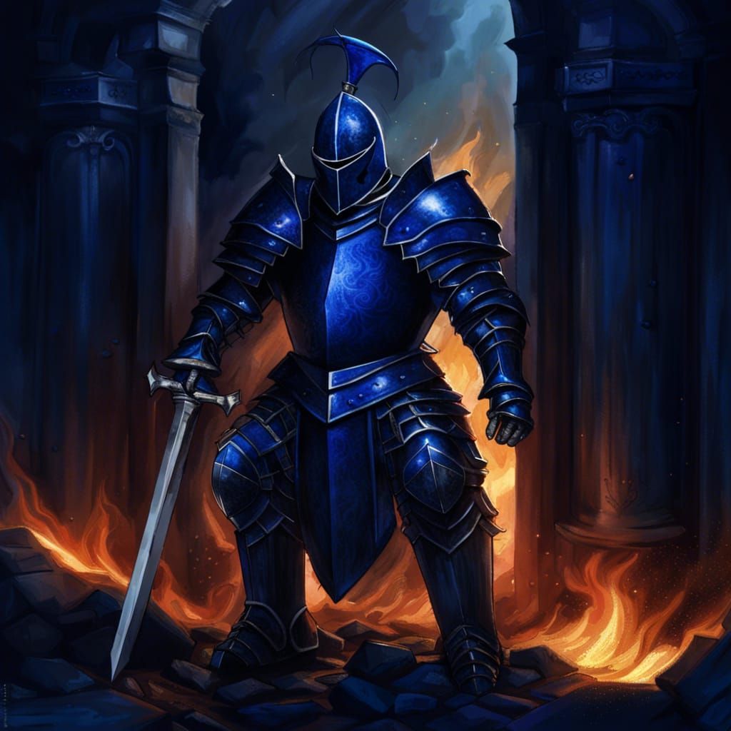 Knight in Blue Armor at Hell's Gates