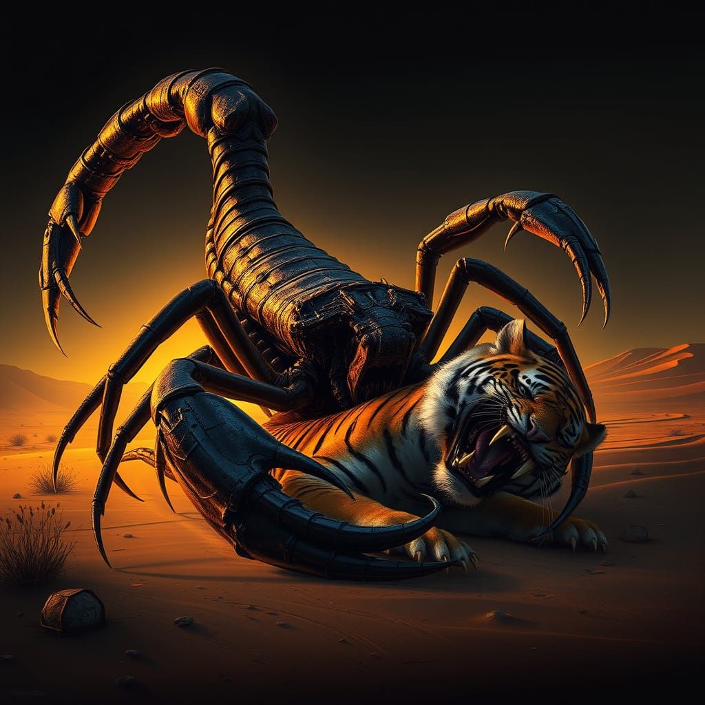 Dark Surreal Scorpion Devours Tiger in Desert Twilight