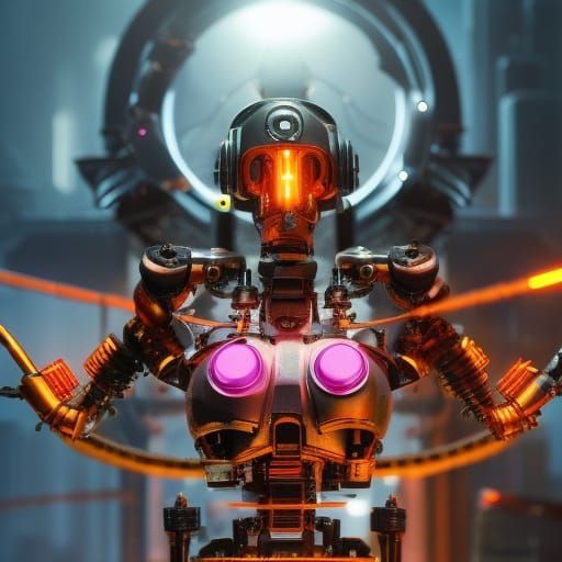 Mechatronic Cyborg Woman in Cyberpunk Sunset