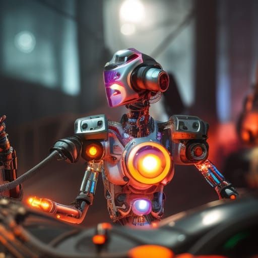 Mechatronic Cyborg Woman in Cyberpunk Sunset