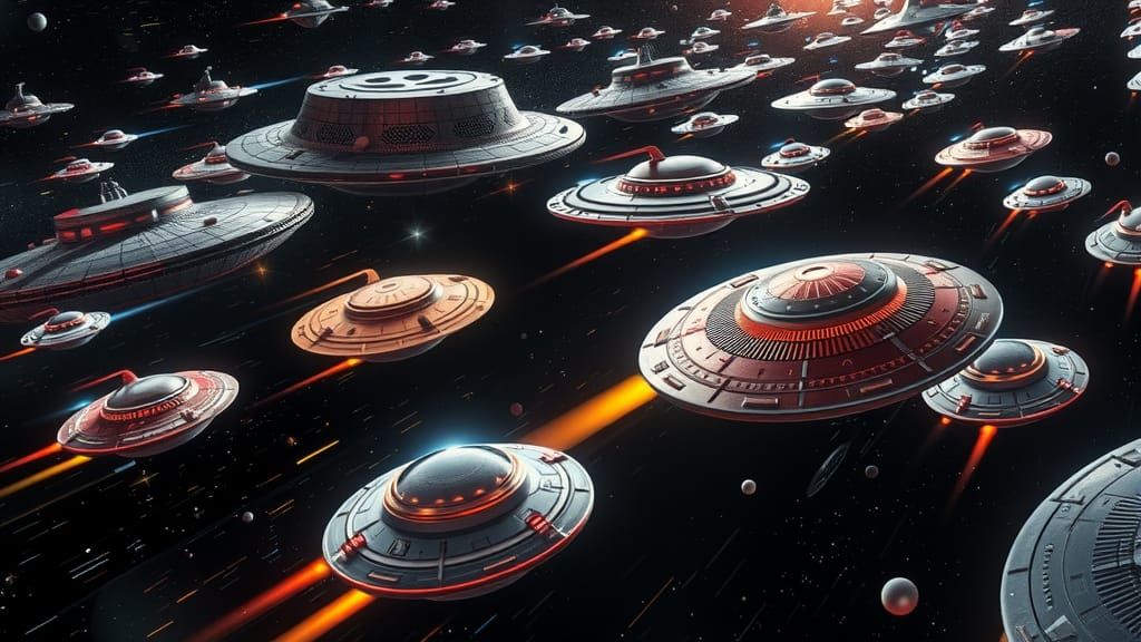 Flying Saucer Race out in Space, all types and shapes competing
 Some Round , Square Triangle etc