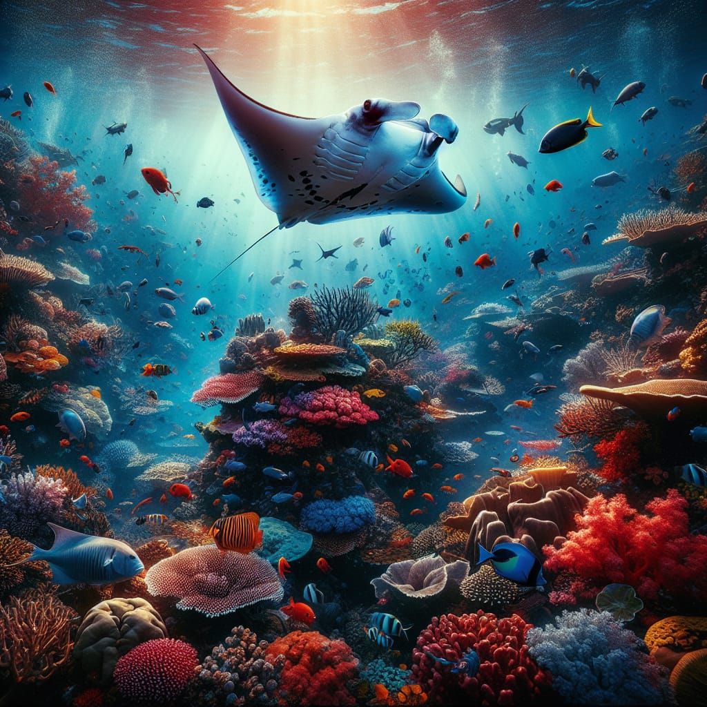 A majestic manta ray glides gracefully through a vibrant coral reef.
