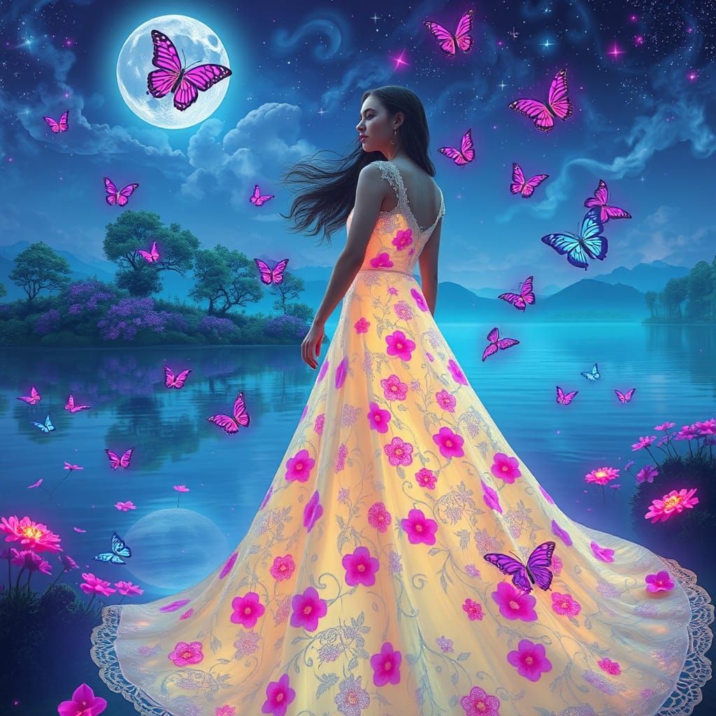 Woman in Fluorescent Lace Dress by Fluorescent Lake