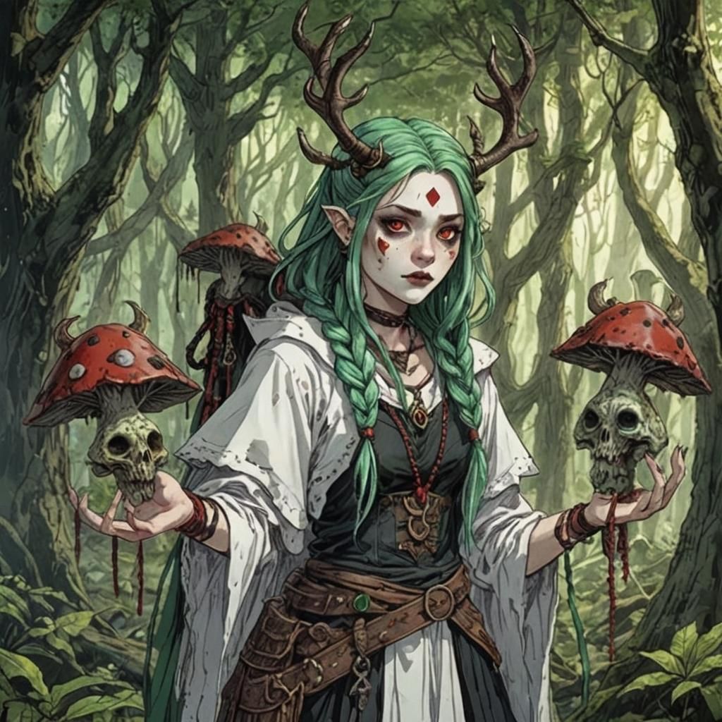Swamp Witch Druid with Antlers in Anime Style