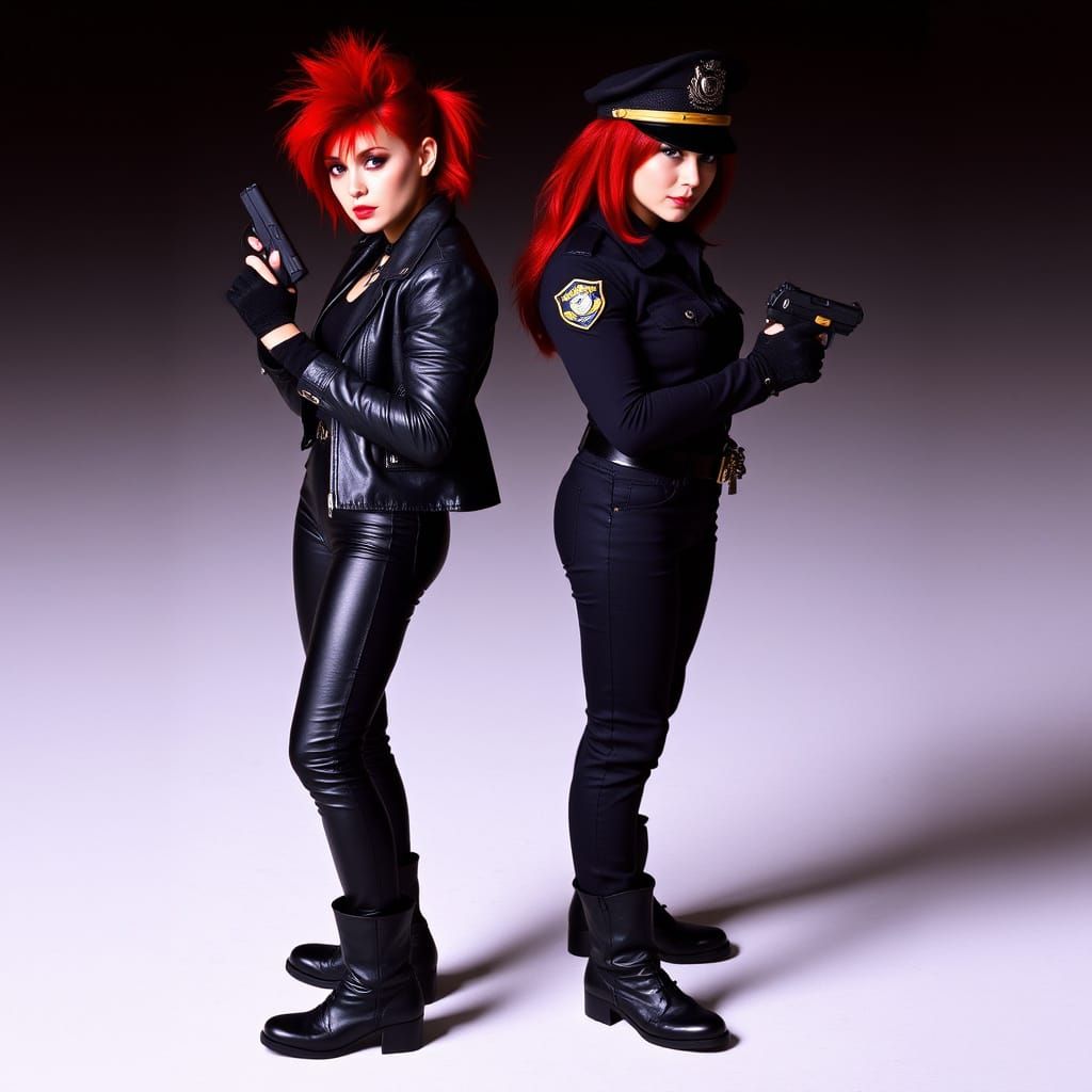 80s Action Heroine in Leather Jacket, Guns Blazing