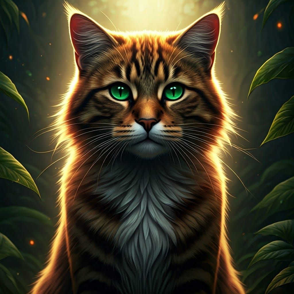 Mystical Ginger Cat with Emerald Eyes, Fantasy Art