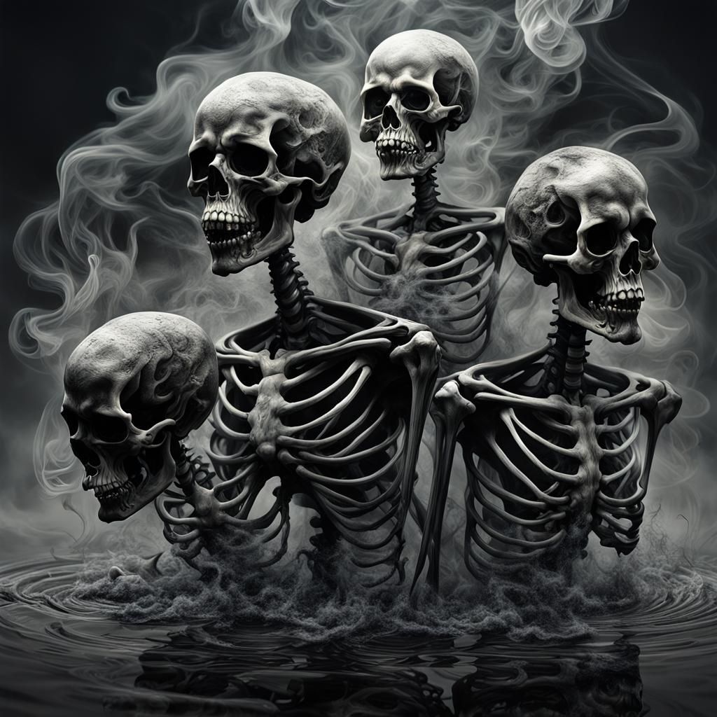 Liquid Ink Skeletons in Swirling Smoke, Digital Art