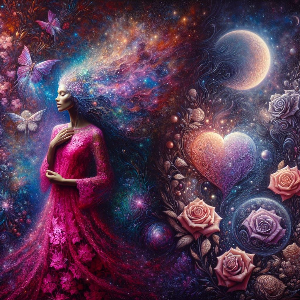 Woman in Pink Lace Dress, Airbrushed Oil Painting