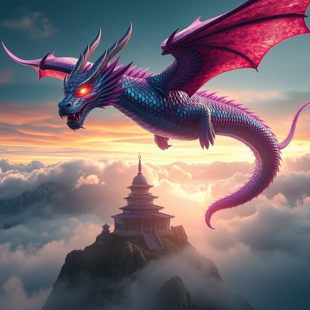 Celestial Dragon Descends Toward Mountain Temple
